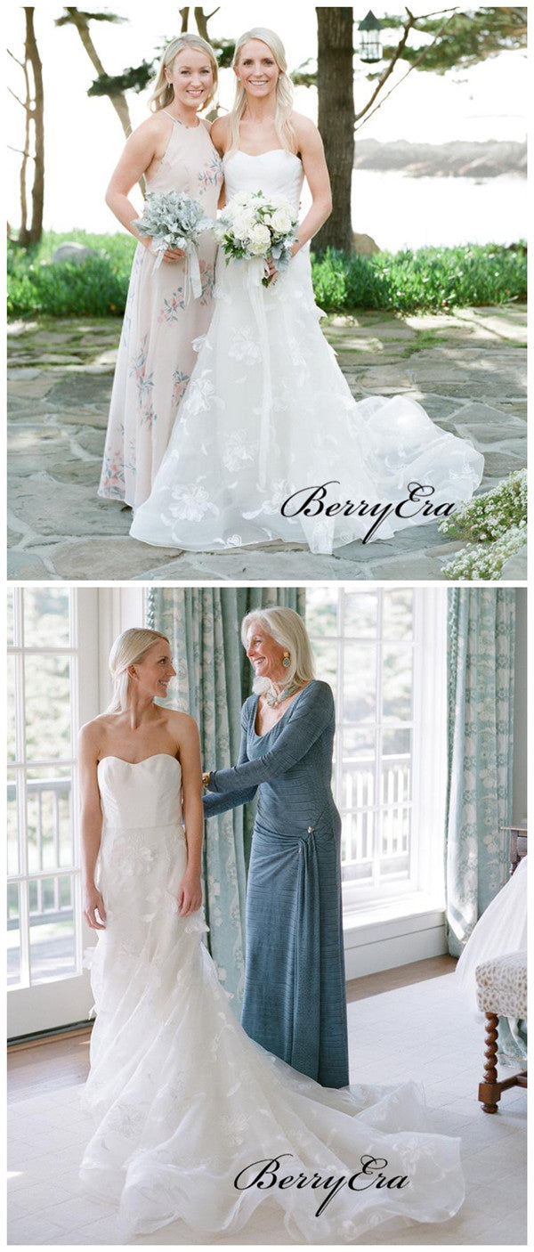 Graceful Strapless Wedding Dresses, Lace Appliques Elegant Wedding Dresses