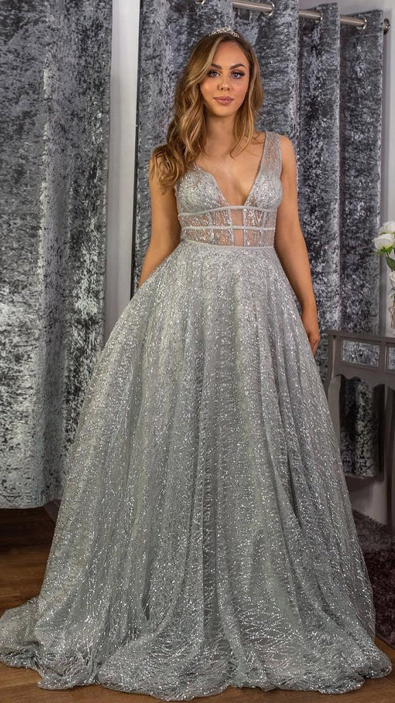 Popular Grey Sequin Tulle Prom Dresses, Long Prom Dresses, 2020 Prom Dresses