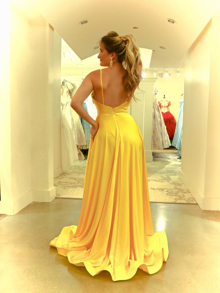 Spaghetti Long A-line Yellow Elastic Satin Prom Dresses, Simple 2021 Prom Dresses, Popular Prom Dresses