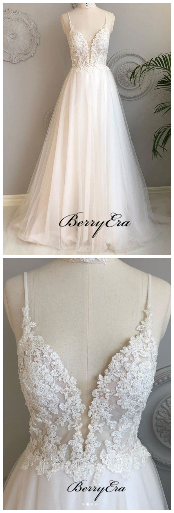 Backless Spaghetti Straps Wedding Dresses, V-neck Lace A-line Wedding Dresses