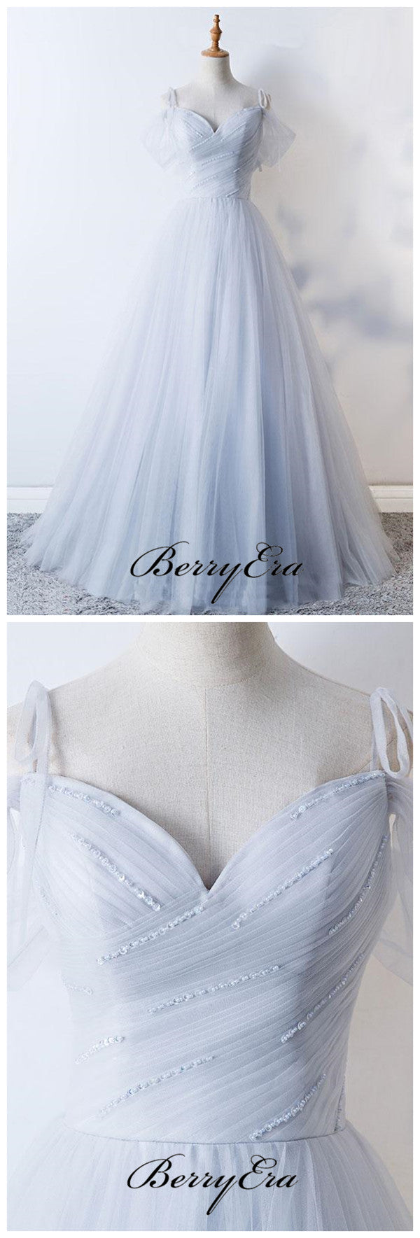 A-line Tulle Grey Wedding Dresses, Off The Shoulder Wedding Dresses, Beaded Wedding Dresses