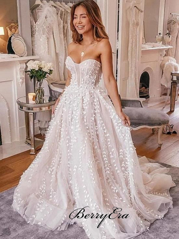 Strapless Lace A-line Wedding Dresses, Newest Popular Wedding Dresses