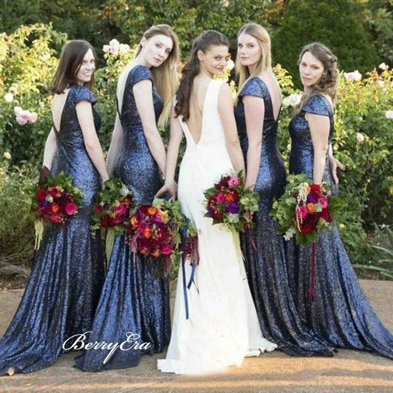 Cap Sleeves Sequins Bridesmaid Dresses, Mermaid Bridesmaid Dresses