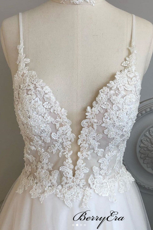 Backless Spaghetti Straps Wedding Dresses, V-neck Lace A-line Wedding Dresses