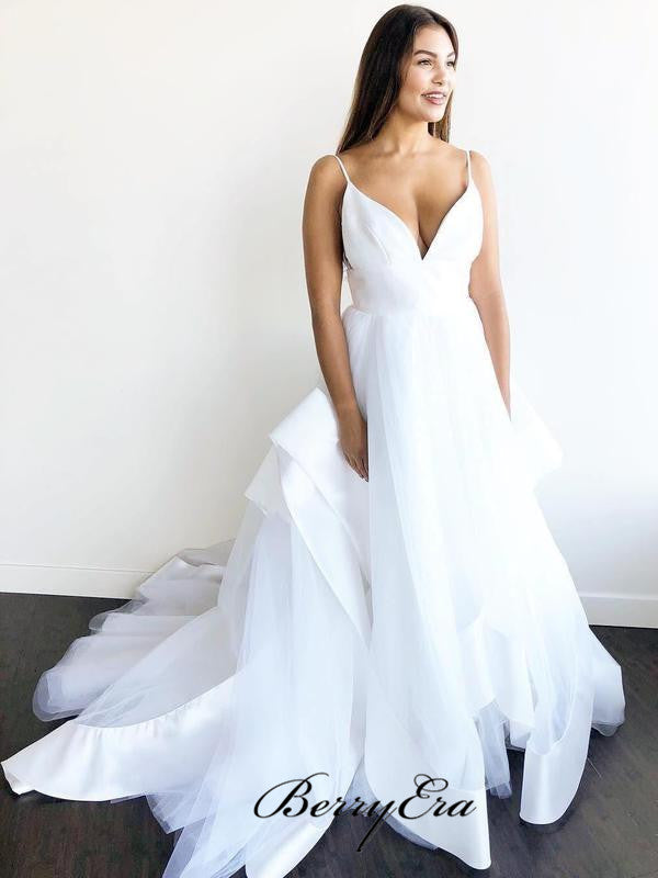 Spaghetti Straps V-neck Tulle Wedding Dresses, A-line Simple Wedding Dresses