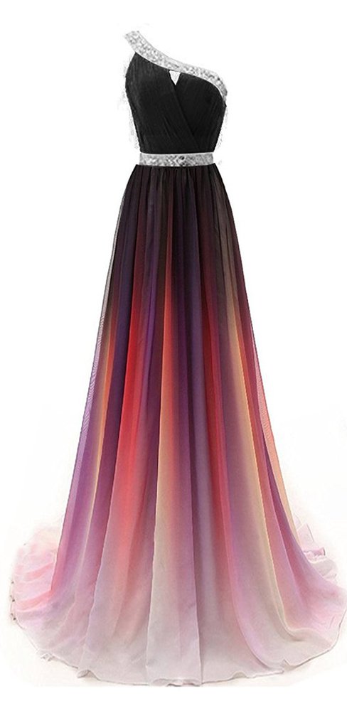One Shoulder Long A-line Gradient Chiffon Prom Dresses