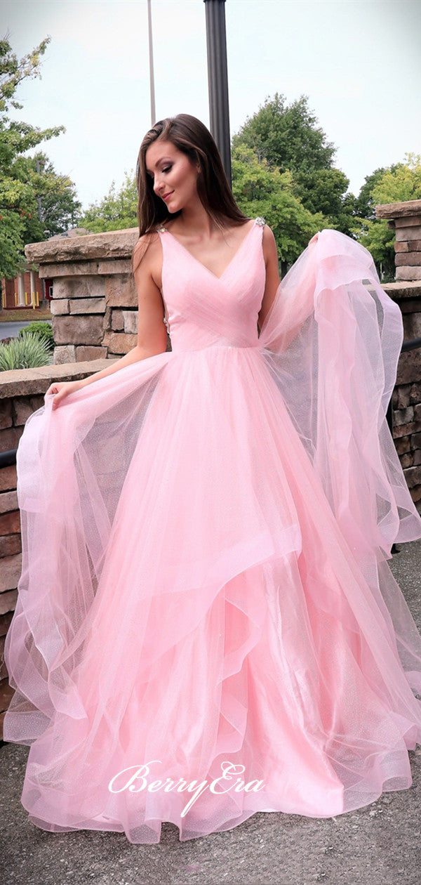 2020 Pink A-line Long Prom Dresses, Beaded Newest Prom Dresses