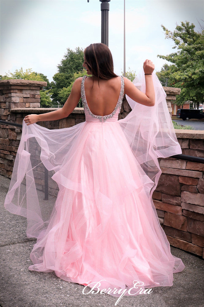 2020 Pink A-line Long Prom Dresses, Beaded Newest Prom Dresses