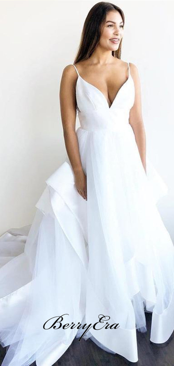 Spaghetti Straps V-neck Tulle Wedding Dresses, A-line Simple Wedding Dresses