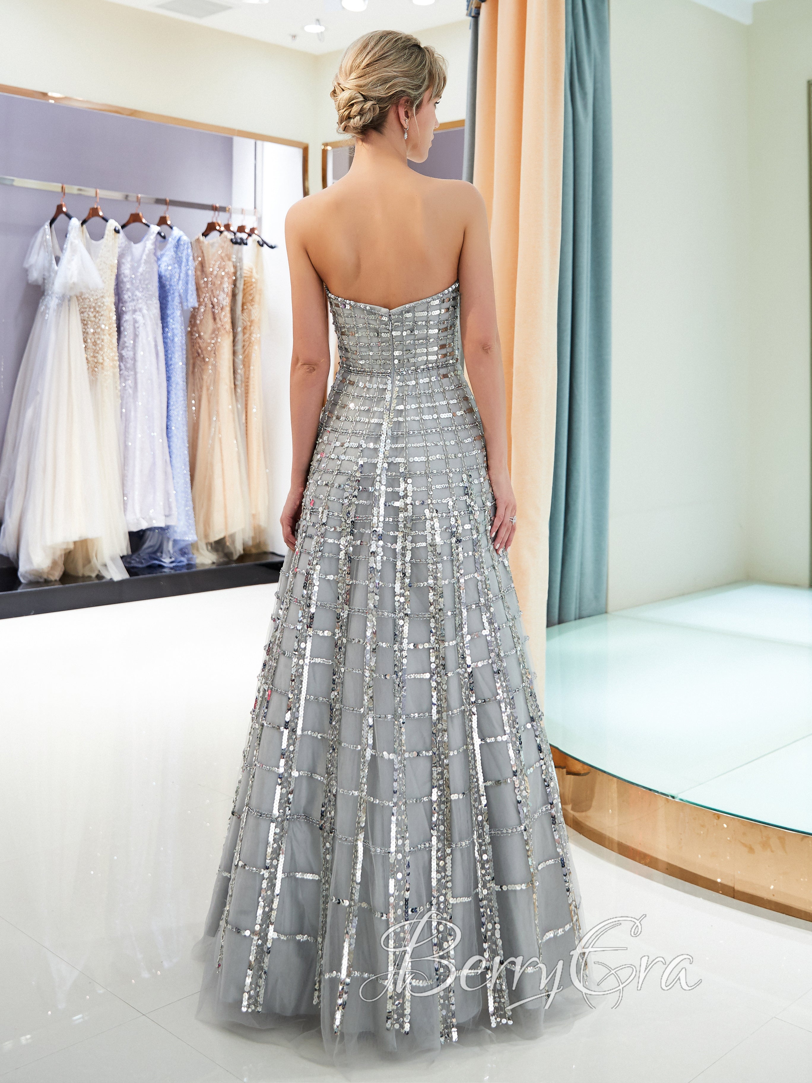 Strapless Grey Sequin Prom Dresses, A-line Prom Dresses, Newest BerryEra Design, 2023 Prom Dresses, Formal Dresses, Evening Dresses