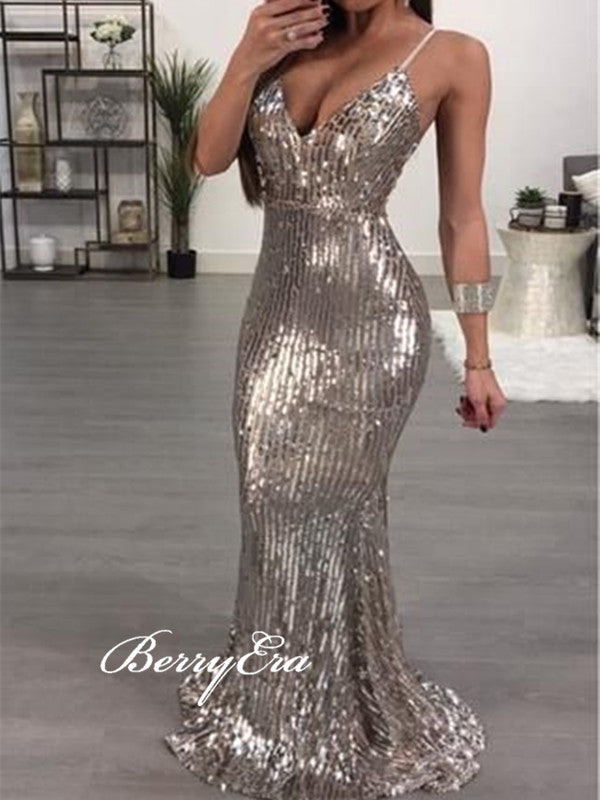 Spaghetti Strap Sexy Sequins Prom Dresses, Party Mermaid Prom Dresses