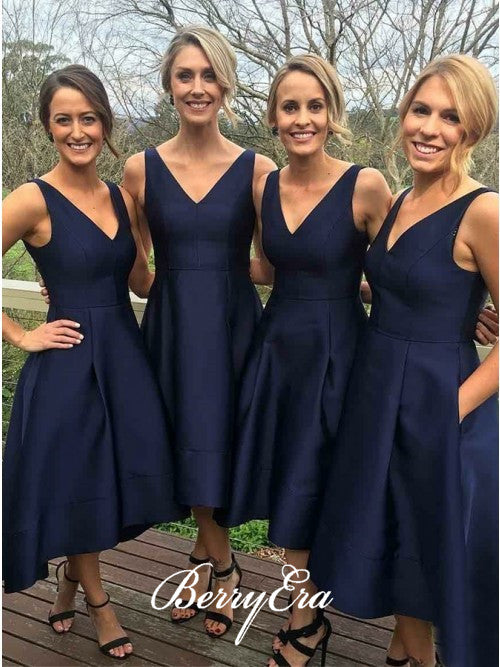V-neck A-line Navy Satin Bridesmaid Dresses, Wedding Guest Dresses