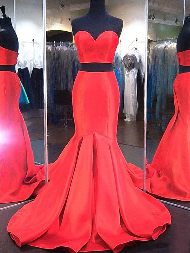 2 Pieces Red Satin Prom Dresses, Mermaid Prom Dresses, Sweetheart Prom Dresses
