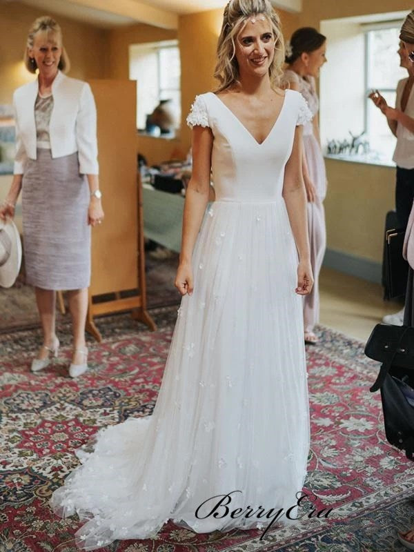 Cap Sleeves V-neck Wedding Dresses, Appliques Newest Long Wedding Dresses