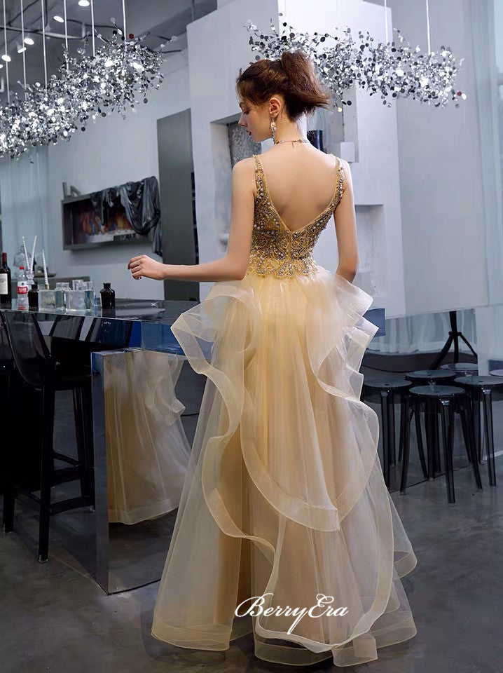 V-neck Beaded Long Prom Dresses, Unique Tulle A-line Prom Dresses 2020