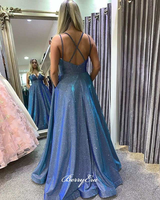 V-neck Sexy Newest Long Prom Dresses, Glitter Fancy 2020 Prom Dresses
