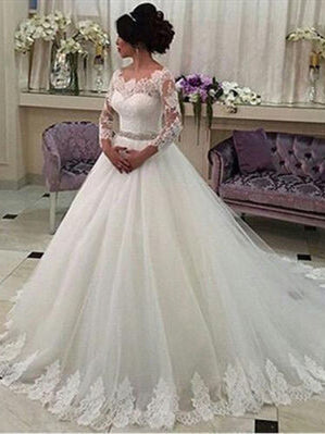 Gorgeous Lace Tulle Wedding Dresses, Beaded Belt Wedding Dresses, Elegant Wedding Dresses