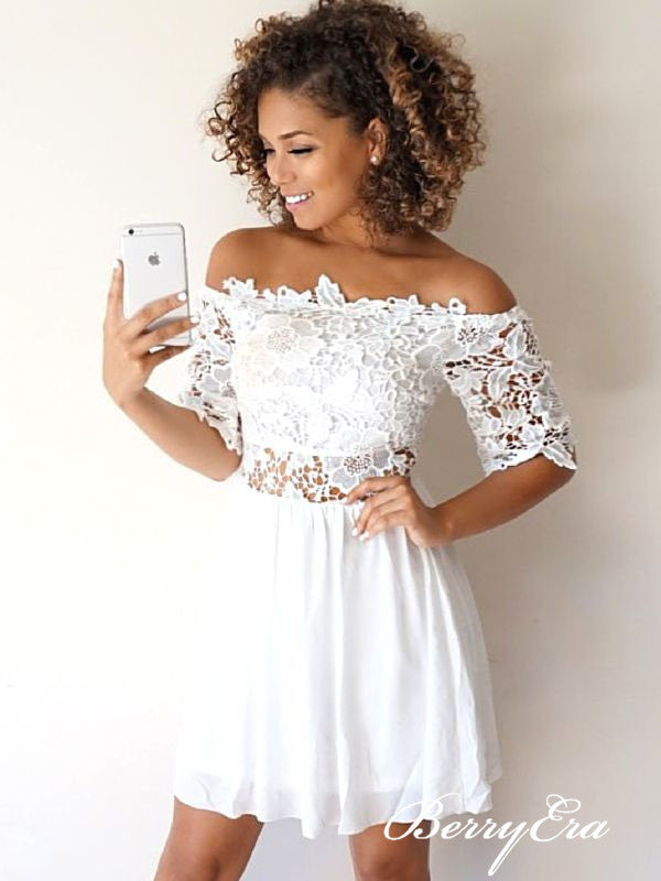 Off Shoulder Half Sleeves White Lace Chiffon Homecoming Dresses