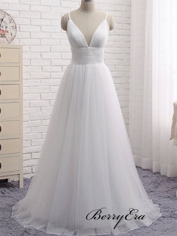 Simple Tulle Design Wedding Dresses, Spaghetti Straps Bridal Gowns, Cheap Wedding Dresses