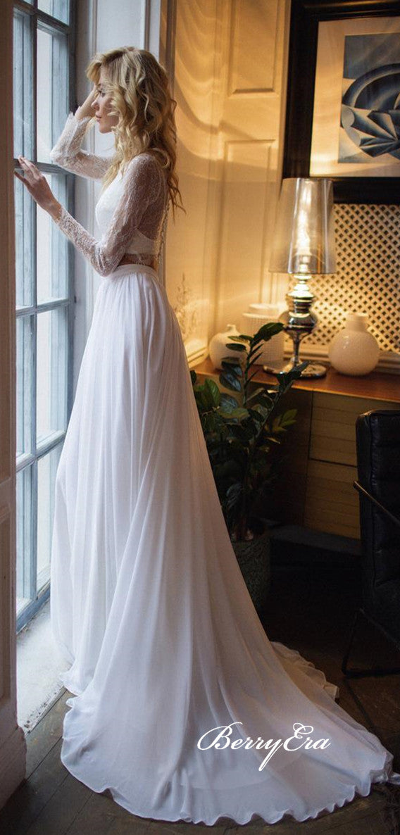 2 Pieces Long Sleeves Lace Top Chiffon Long Wedding Dresses