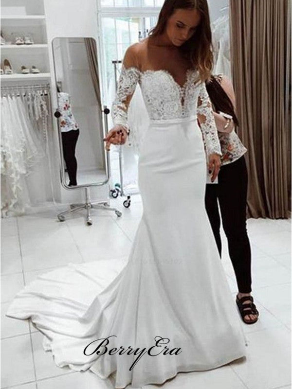 Long Sleeves Mermaid Wedding Dresses, Off Shoulder Wedding Dresses, Lace Bridal Gowns