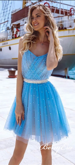 Ice Blue Tulle Beaded Short Prom Dresses, Homecoming Dresses