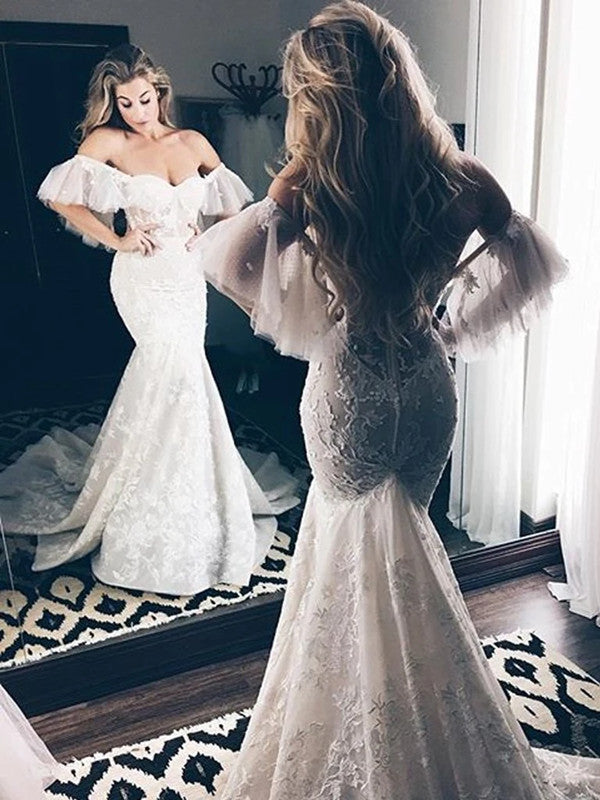 Fashion Off Shoulder Lace Wedding Dresses, Modest 2020 Mermaid Wedding Dresses