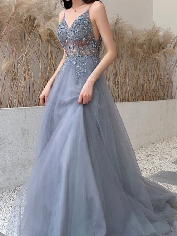 Dusty Blue A-line Prom Dresses, 2020 Newest Long Prom Dresses, Beaded Prom Dresses