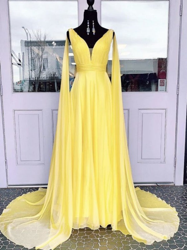 V-neck Chiffon Long Prom Dresses, A-line Prom Dresses, 2020 Prom Dresses