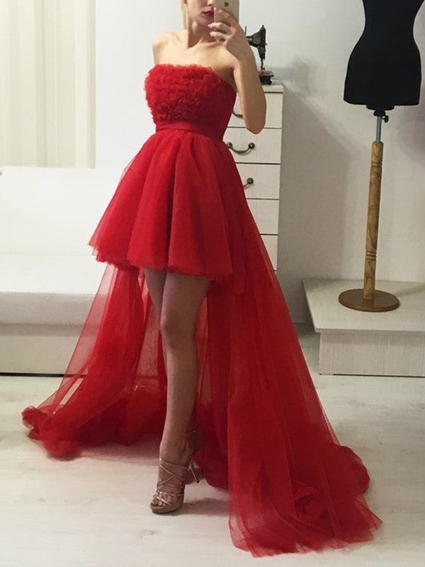 Strapless High Low Red Long Prom Dresses, Graduation Party 2021 Prom Dresses Long