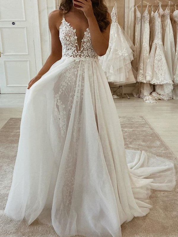 Lace Fancy 2020 Wedding Dresses, V-neck Popular Long Wedding Dresses