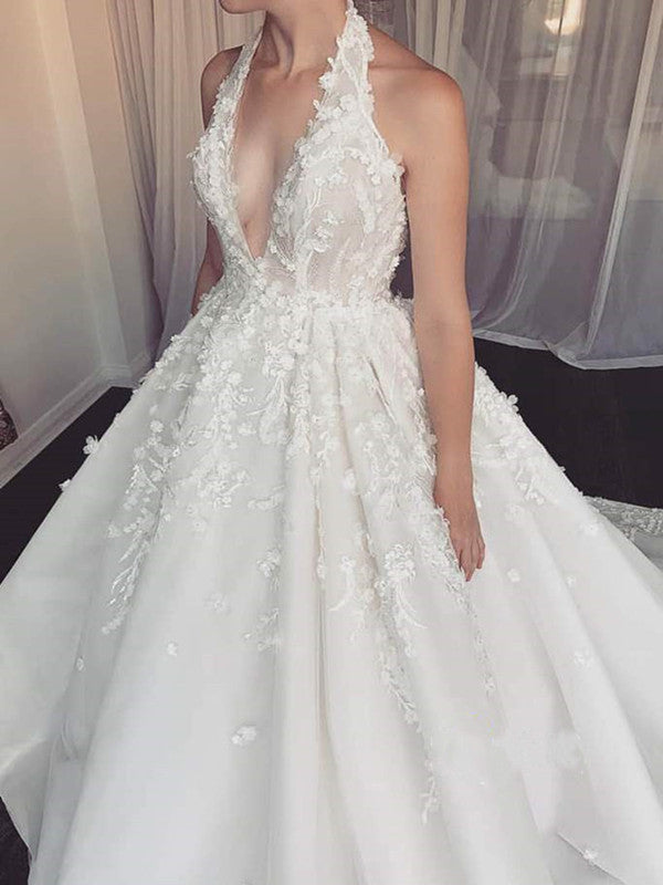 Deep V-neck Halter Wedding Dresses, A-line Appliques Fashion Wedding Dresses