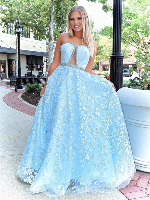 Stylish Strapless Lace Long Prom Dresses, A-line Beaded 2020 Newest Prom Dresses