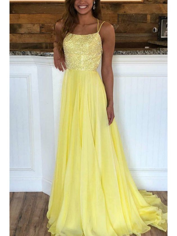 Yellow Sequins A-line Prom Dresses, Long Prom Dresses, 2020 Prom Dresses