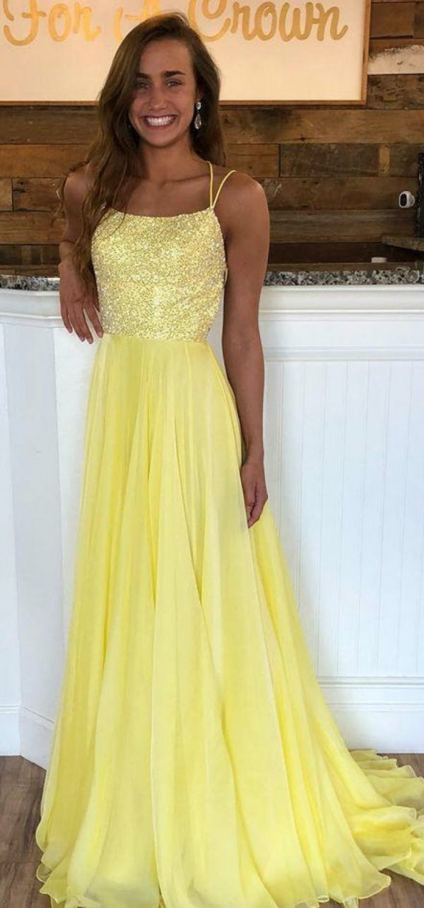Yellow Sequins A-line Prom Dresses, Long Prom Dresses, 2020 Prom Dresses