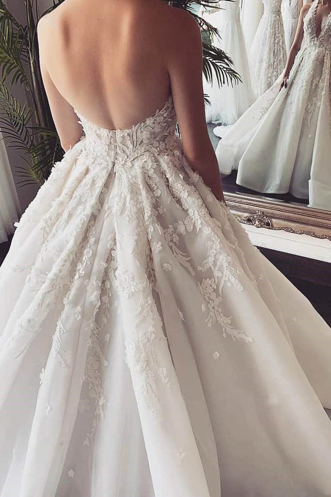 deep v halter wedding dress A-Line Tulle Wedding Dress Deep V neckline Slit Skirt & Open Back Think Bridal