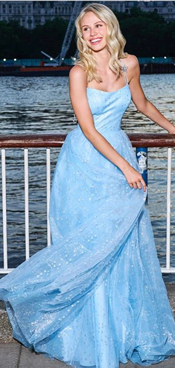 Long A-line Blue Prom Dresses, Sequins Popular 2020 Long Prom Dresses
