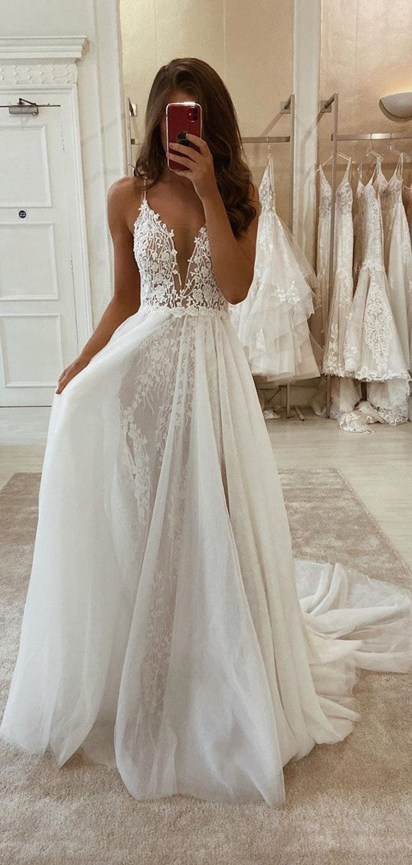 Lace Fancy 2020 Wedding Dresses, V-neck Popular Long Wedding Dresses