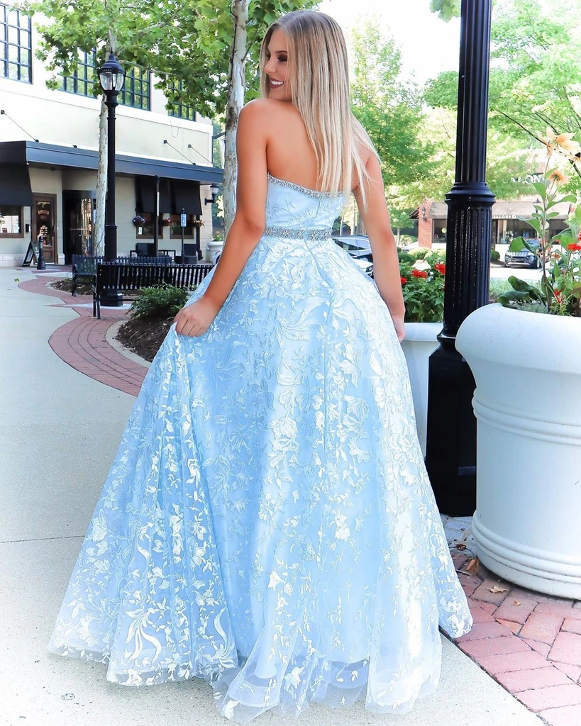 Stylish Strapless Lace Long Prom Dresses, A-line Beaded 2020 Newest Prom Dresses