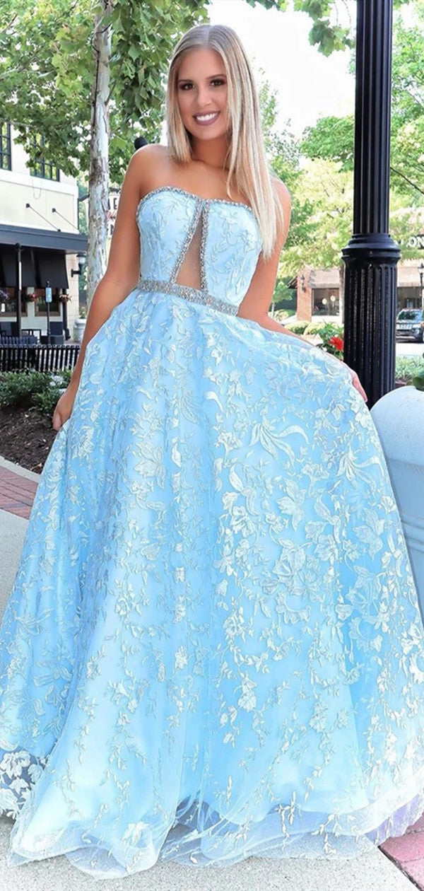 Stylish Strapless Lace Long Prom Dresses, A-line Beaded 2020 Newest Prom Dresses