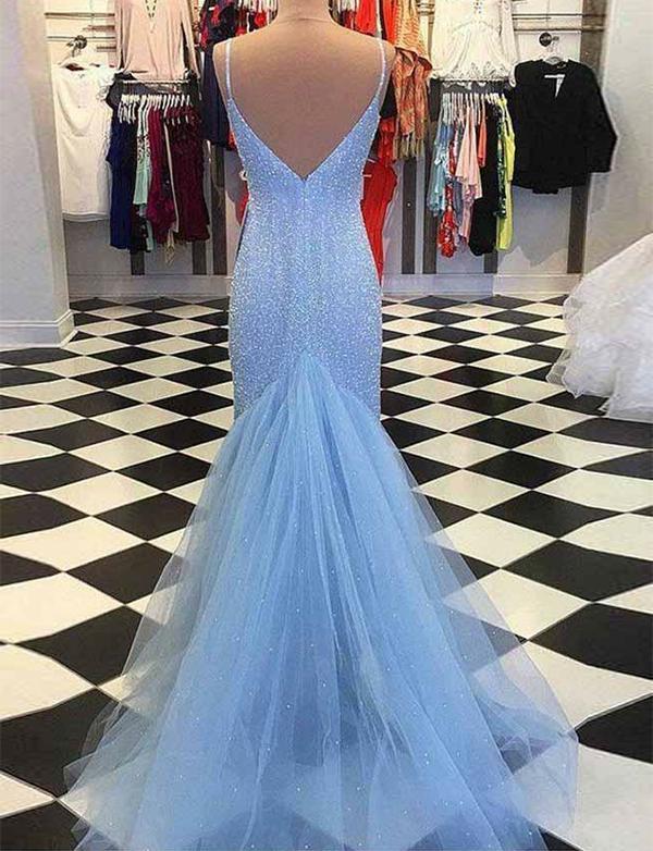 Spaghetti Ling Sheath Sequin Tulle Blue Prom Dresses