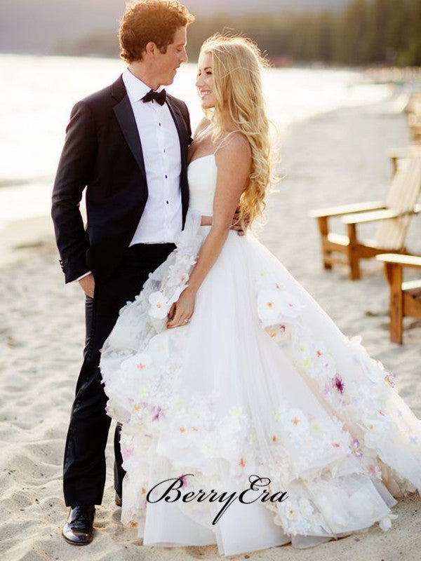 Two Pieces Appliques Wedding Dresses, A-line Tulle Beach Bridal Gowns
