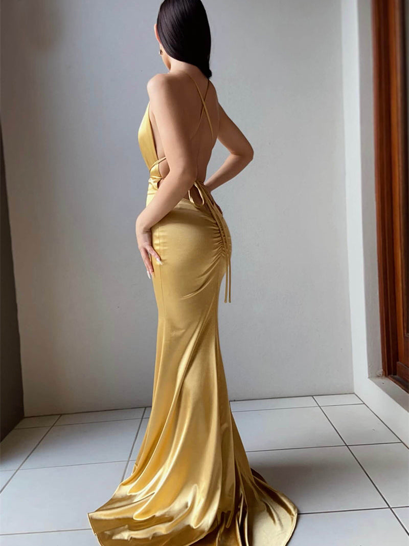 Deep V-neck Gold Soft Satin Mermaid Prom Dresses, Sexy Prom Dresses, Newest Prom Dresses