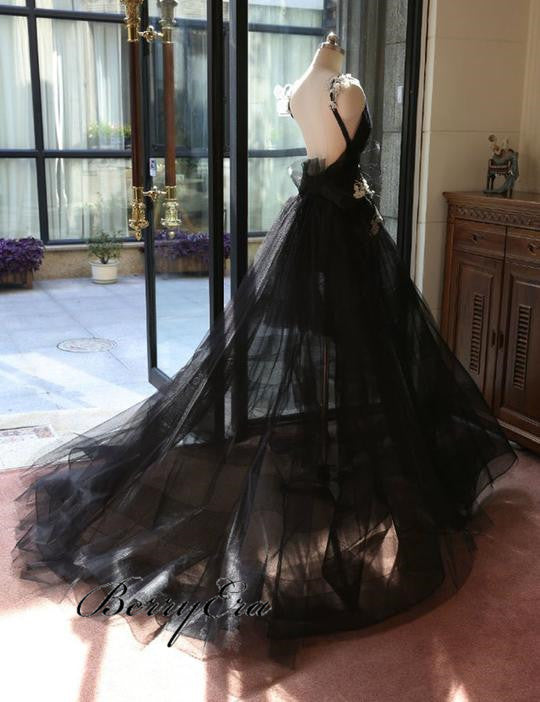 V-neck Black Tulle Transparent Prom Dresses, Long Prom Dresses, Prom Dresses