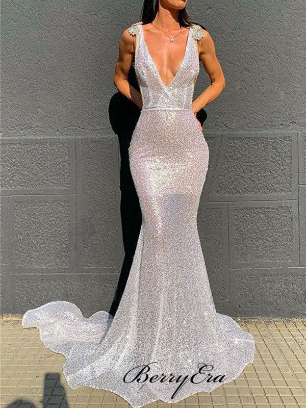 Deep V-neck Mermaid Long Prom Dresses, See Through Sexy Prom Dresses