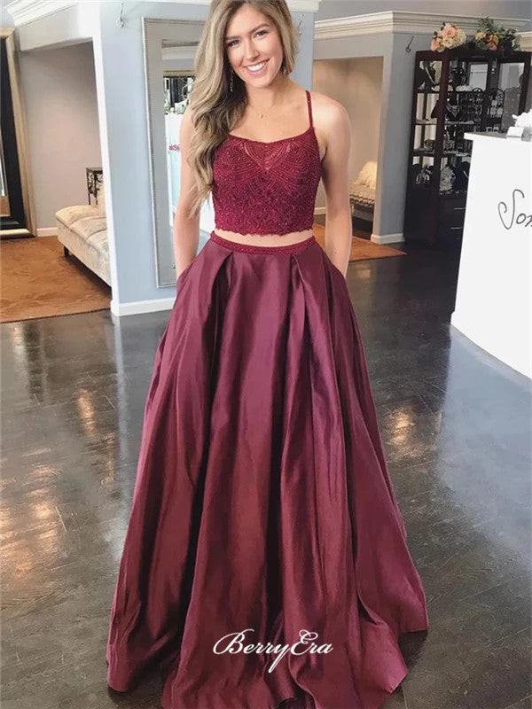 Two Pieces Pocket Prom Dresses, Lace Prom Dresses, Prom Dresses Long