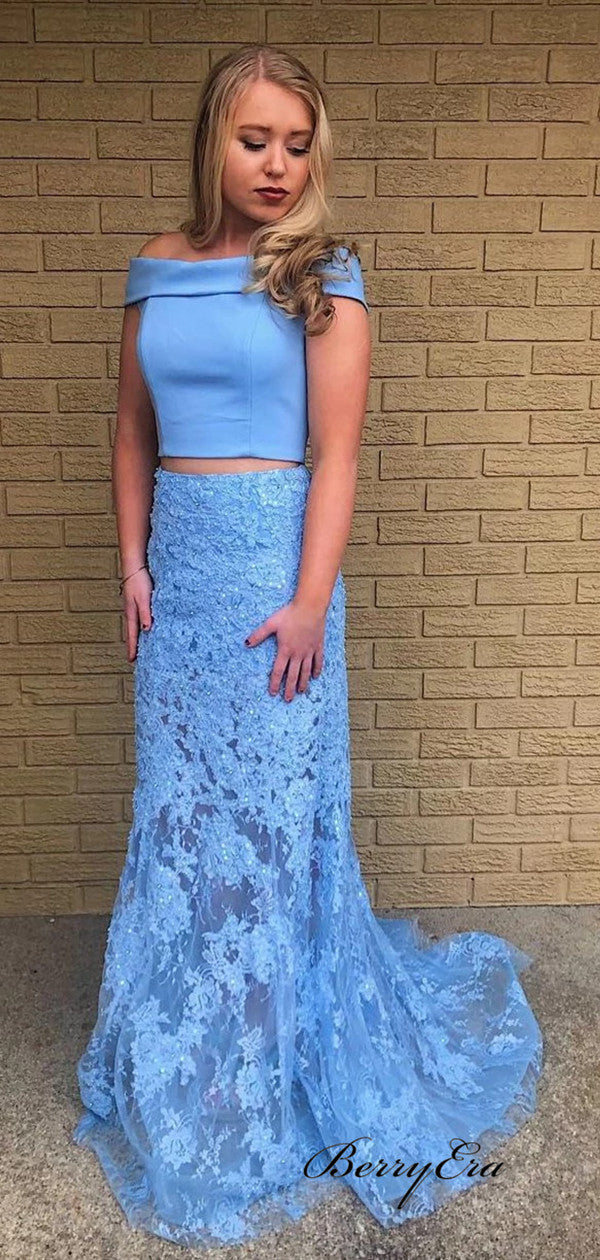 Off Shoulder Lace Prom Dresses, Two Pieces Prom Dresses, 2020 Prom Dresses