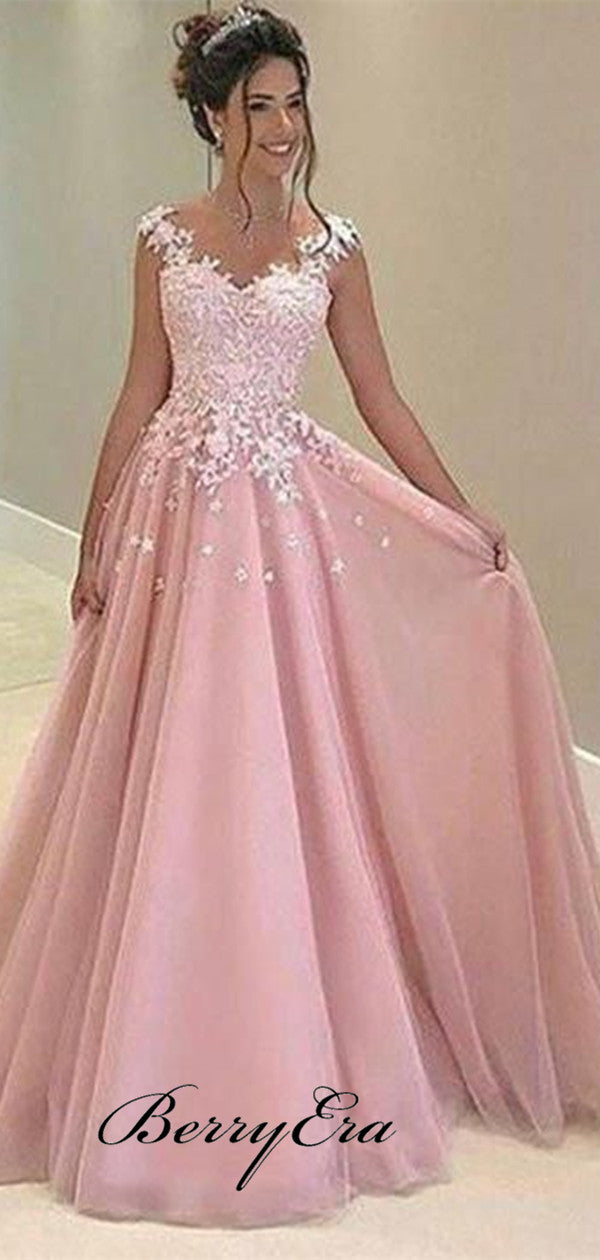 A-line Lace Evening Party Prom Dresses, Chiffon Lace Popular Prom Dresses