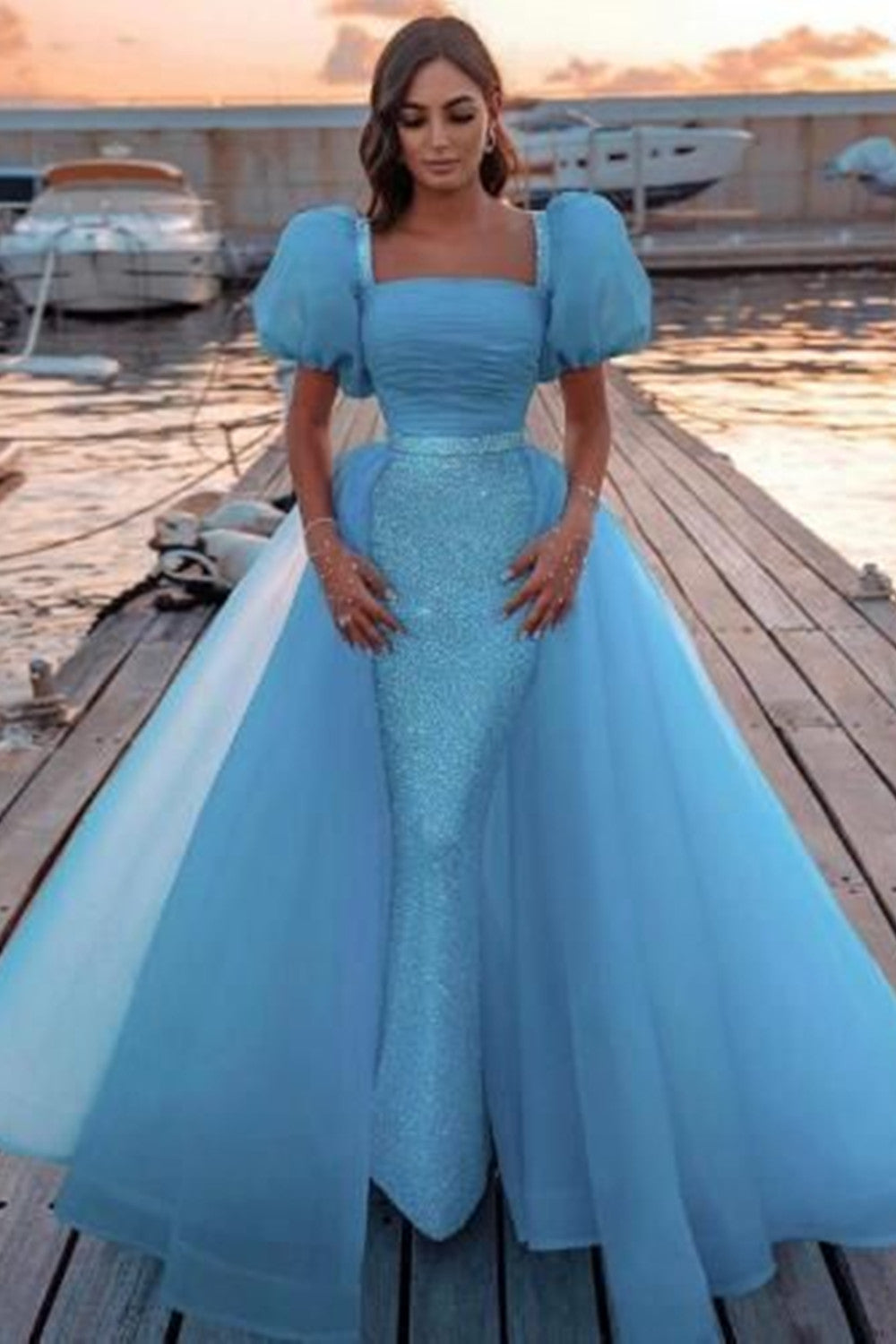 High Fashion Sequnis Blue Long Prom Dresses, Elegant Evening Dresses, Bubble Sleeves 2022 Prom Dresses