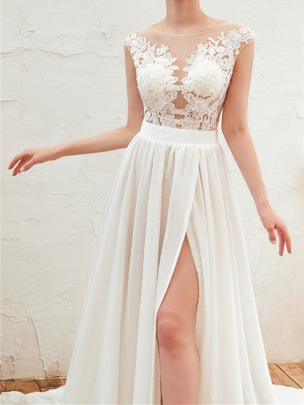 Side Slit Popular Long Wedding Dresses, Lace Fancy 2020 Wedding Dresses